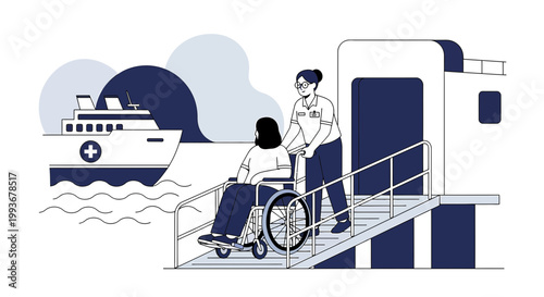 Nurse Pushing Patient in Wheelchair onto Ship with Medical Symbol