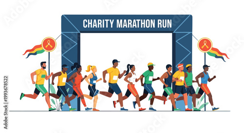 Diverse group of people participating in charity marathon run event under blue archway isolated on white background
