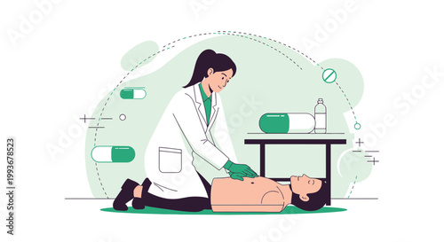 Doctor performing CPR on patient, medical pills and capsules background