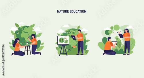 People learning about nature and ecology on a light green background