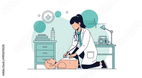 Doctor performing CPR on patient, medical training, emergency care, resuscitation simulation