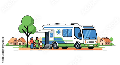 Mobile medical clinic bus visiting rural village for community health outreach services isolated on white background