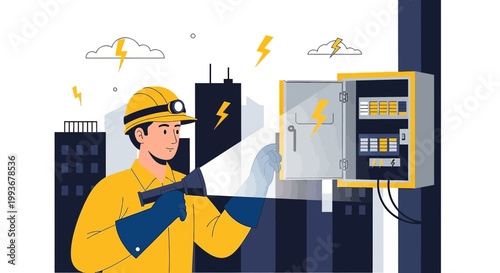 Electrician working on electrical panel with lightning and city skyline background
