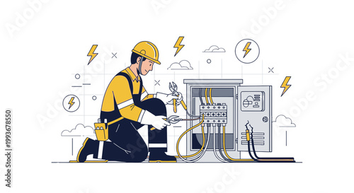 Electrician working on electrical panel, safety, power, energy, repair, technician, maintenance
