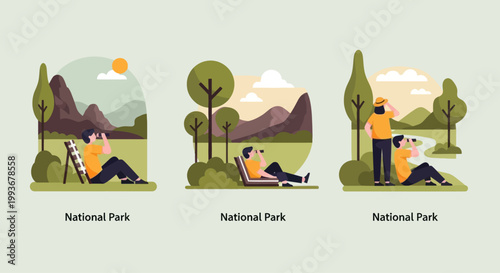 People enjoying nature and wildlife in national park with binoculars, illustration