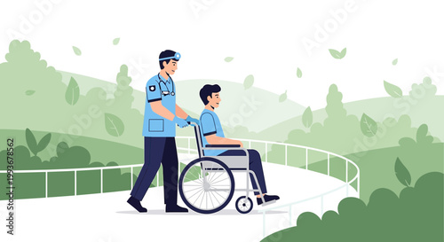 Nurse pushing patient in wheelchair outdoors, rehabilitation and care concept