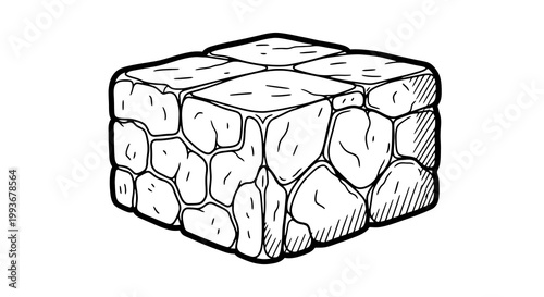 Hand drawn stone cube: detailed outline of rock formation