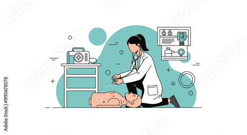 Doctor practicing CPR on a dummy with medical equipment, illustrating emergency care and training.