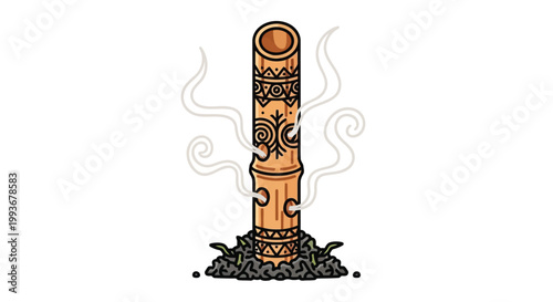 Bamboo tube burning with incense releasing smoke for traditional aromatherapy ritual isolated on white background