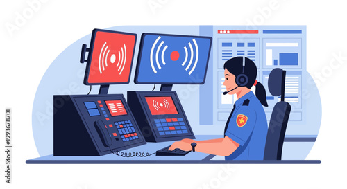 Emergency Dispatcher Working in Control Room with Monitors