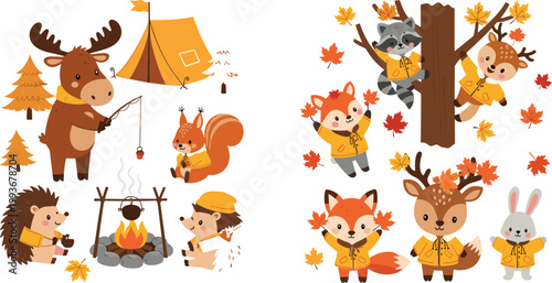 Cute Forest Animals Camping and Autumn Leaves Vector Set Featuring Moose Fox Raccoon and Deer in Nature Illustration