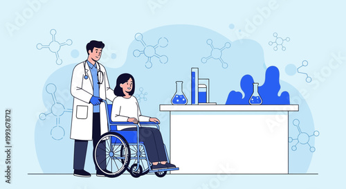 Doctor Pushing Patient in Wheelchair in Medical Lab with Molecular Background
