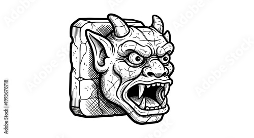 Intricate gargoyle head sketch with detailed line art on stone background