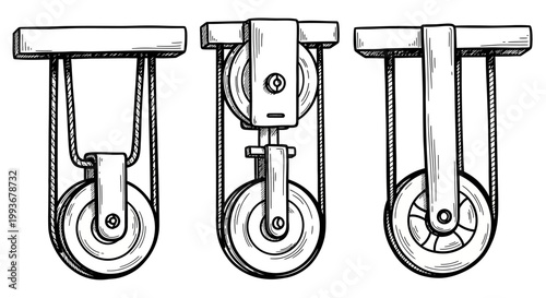 Hand drawn vintage style pulley wheel sketches with detailed rope mechanism
