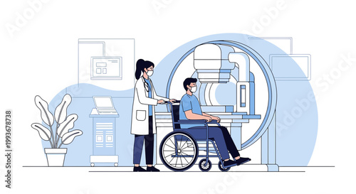 Doctor Pushing Patient in Wheelchair Towards MRI Scanner in Modern Hospital Room