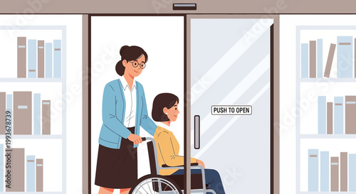 Nurse Pushing Patient in Wheelchair Through Automatic Doors of Library or Hospital