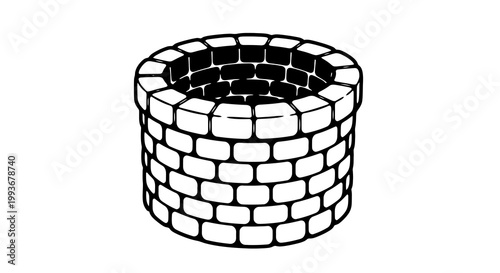 Brick well structure in black and white linear style