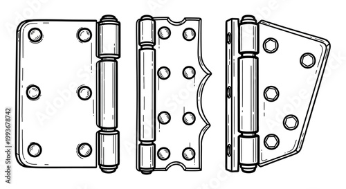 Detailed black and white hardware hinge sketches for architectural design