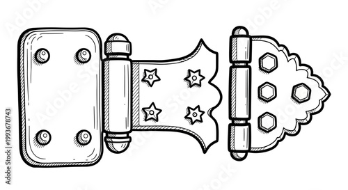 Antique hinge engraving: detailed black and white sketch of vintage hardware