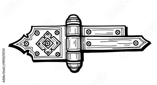 Ornate hinged gate drawing with geometric patterns and wood texture