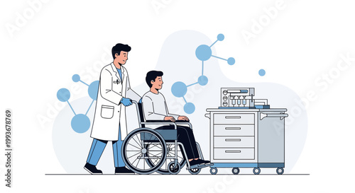 Doctor pushing patient in wheelchair with medical cart and molecular graphics