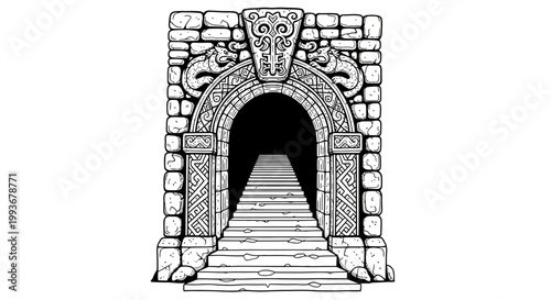 Ancient stone gateway: intricate archway opening to endless pathway