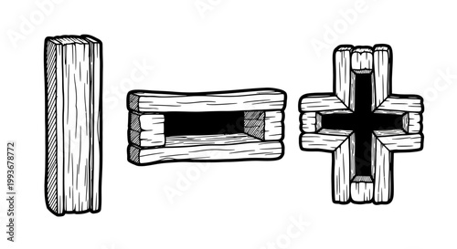 Hand drawn wooden log structures: straight, hollow rectangle, and crossed shapes