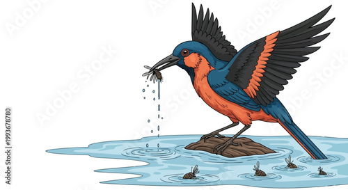 Kingfisher bird catching insects above water surface in detailed flat vector illustration style isolated on white background