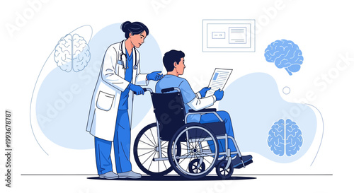 Doctor pushing patient in wheelchair, medical care, rehabilitation, brain health concept