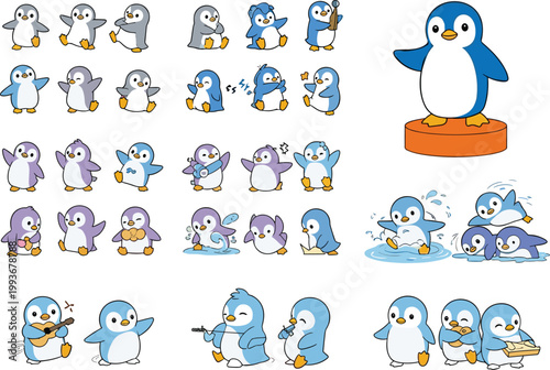 Cute Penguin Character Vector Set Featuring Various Poses and Activities for Kids Educational Material and Sticker Design Projects