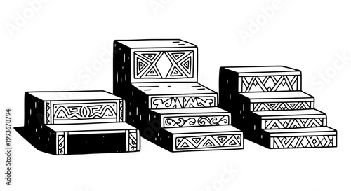 Stylized monochrome aztec-inspired steps with geometric patterns