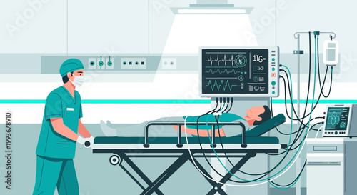 Doctor transports patient on gurney to ICU with advanced medical equipment and monitors