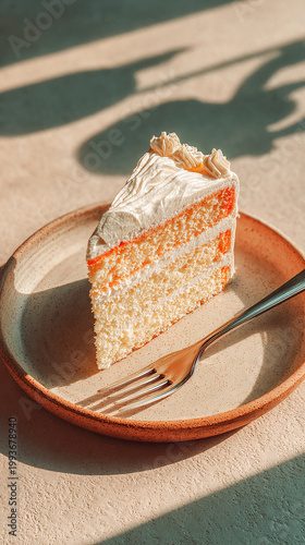 tiny slice of achievement cake on clean plate with fork in soft diffused light