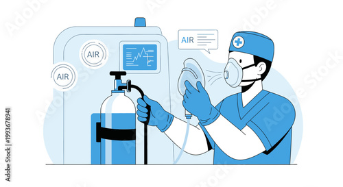 Doctor with oxygen mask and ventilator, medical equipment, respiratory support, healthcare concept