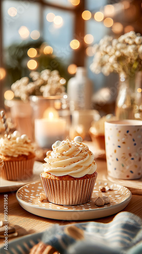 simple party setup with cupcakes, candles, and small decorations on table