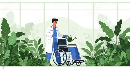 Doctor watering plants with patient in wheelchair in greenhouse, rehabilitation concept