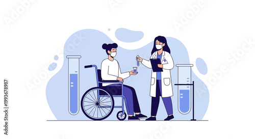 Doctor with patient in wheelchair in lab, medical research, healthcare concept