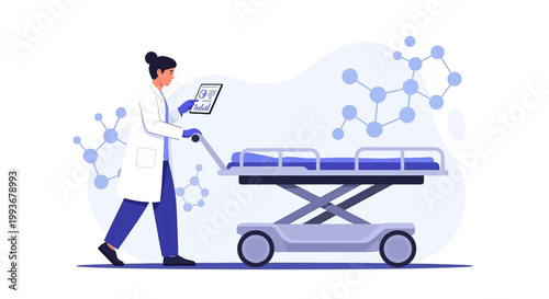 Doctor with Tablet Pushing Stretcher with Patient, Medical Research Molecules Background