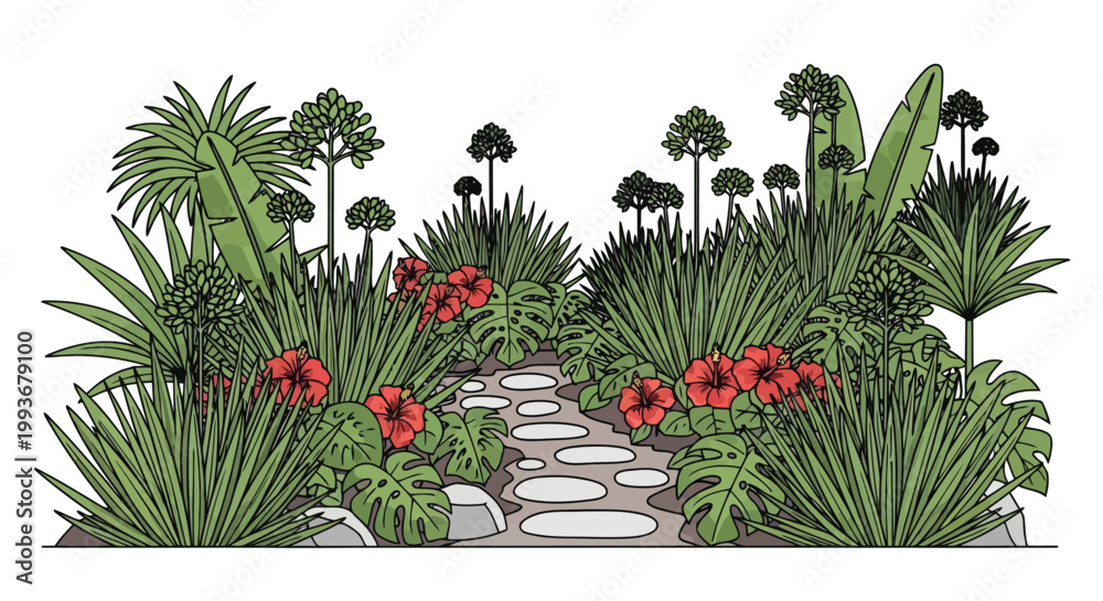 Fototapeta premium Lush tropical garden pathway with vibrant hibiscus flowers and palms isolated on white background