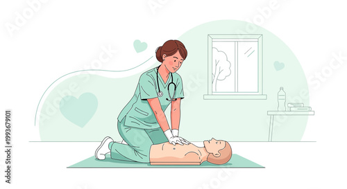 Nurse Practicing CPR on Training Dummy, Medical Emergency Response and Healthcare Education