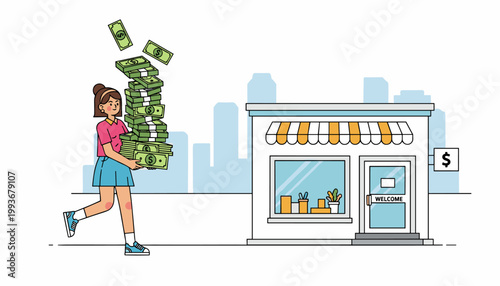 Small Business Success Woman Carrying Cash Near Storefront Illustration