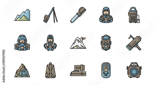 Colorful icons depict mountaineering equipment including backpacks helmets and mountainous terrain in a flat style silhouette high quality professional detailed modern