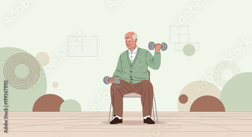 Elderly Man Doing Bicep Curls with Dumbbells While Sitting