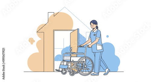 Nurse pushing a wheelchair towards a house, symbolizing home care and medical assistance.