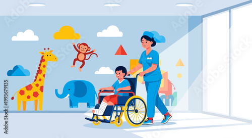 Nurse Pushing Boy in Wheelchair with Broken Leg in Pediatric Ward