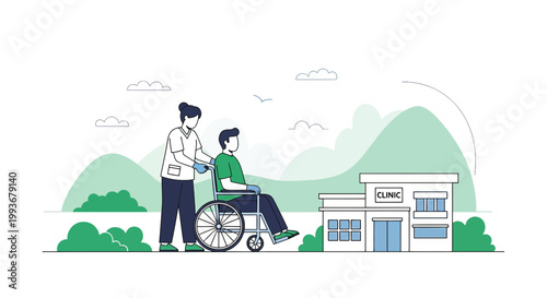 Nurse pushing patient in wheelchair towards clinic building, healthcare concept