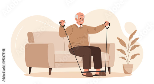 Elderly Man Doing Resistance Band Exercises While Sitting on a Sofa