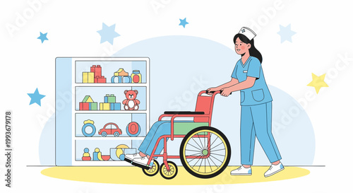 Nurse pushing child in wheelchair past toy shelf in hospital room