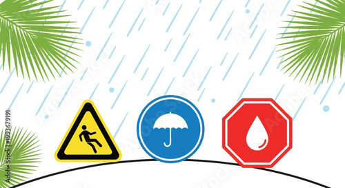 Rainy weather safety warning signs with palm trees in background isolated on white background