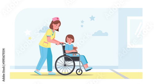 Nurse pushing child in wheelchair, hospital corridor, pediatric care, medical assistance